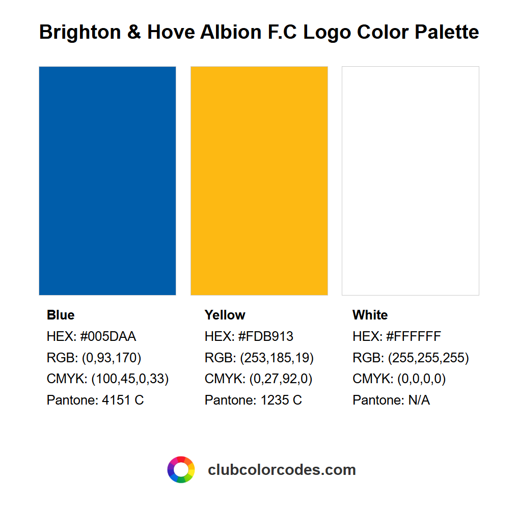 Official Brighton & Hove Albion F.C logo color palette with HEX, RGB, CMYK, and Pantone codes