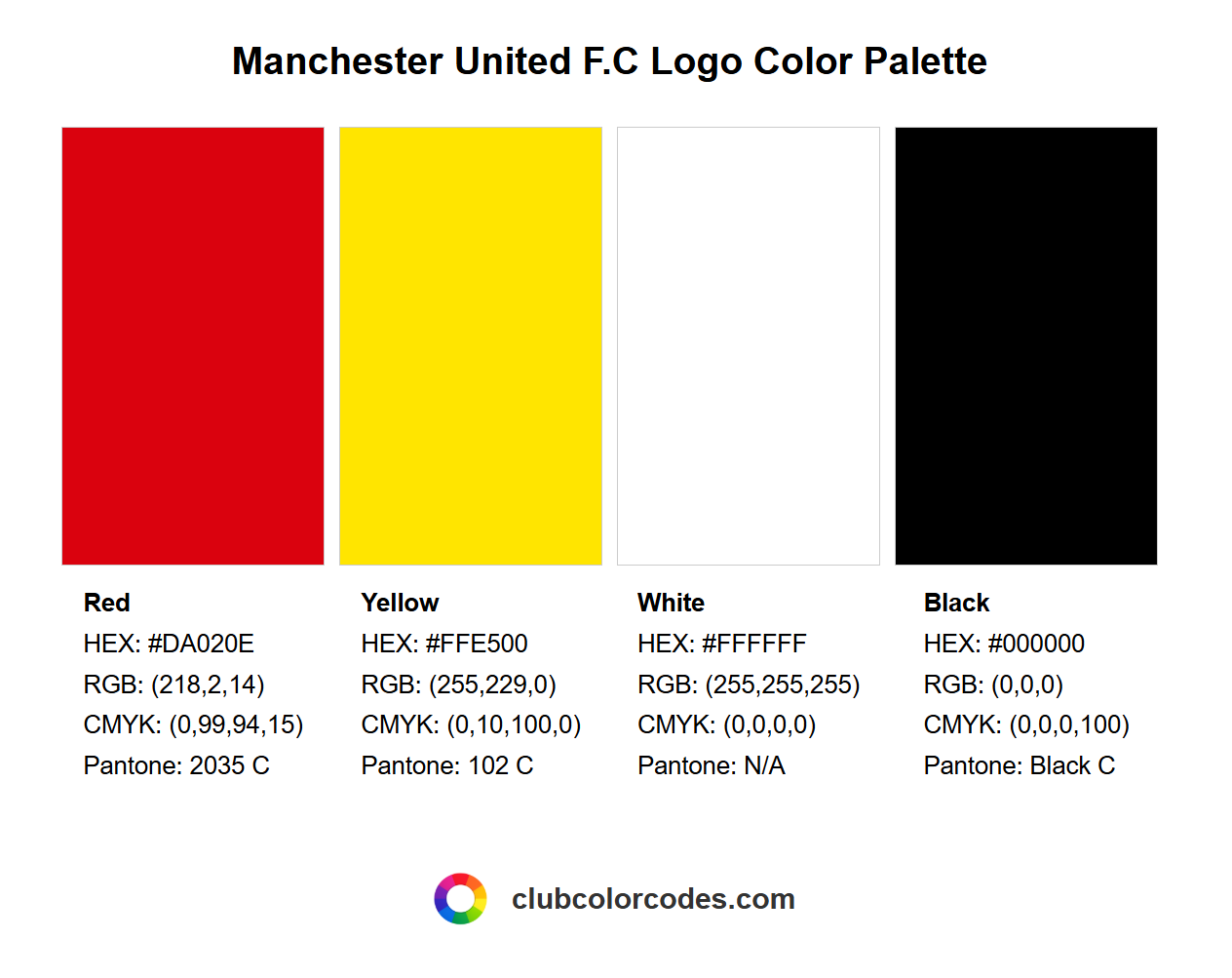 Official Manchester United F.C logo color palette with HEX, RGB, CMYK, and Pantone codes